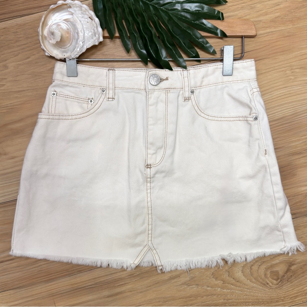 Urban Outfitters BDG Distressed Notched Center Cut Denim Jean Mini Skirt Ivory